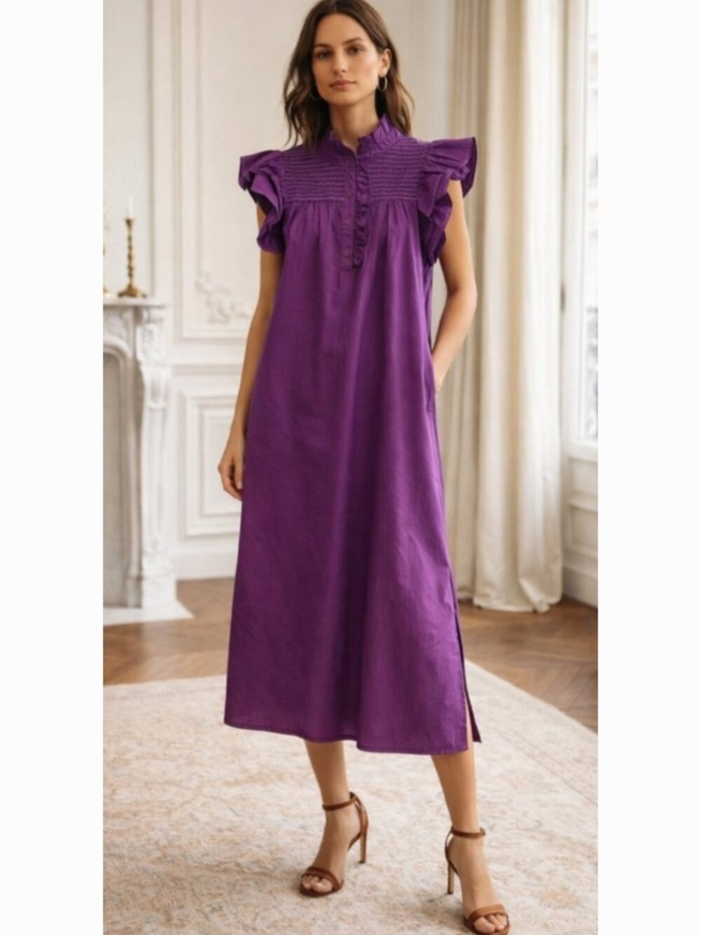 Eche NWT Contrast Smocked Midi Dress in Purple 100% cotton size small
